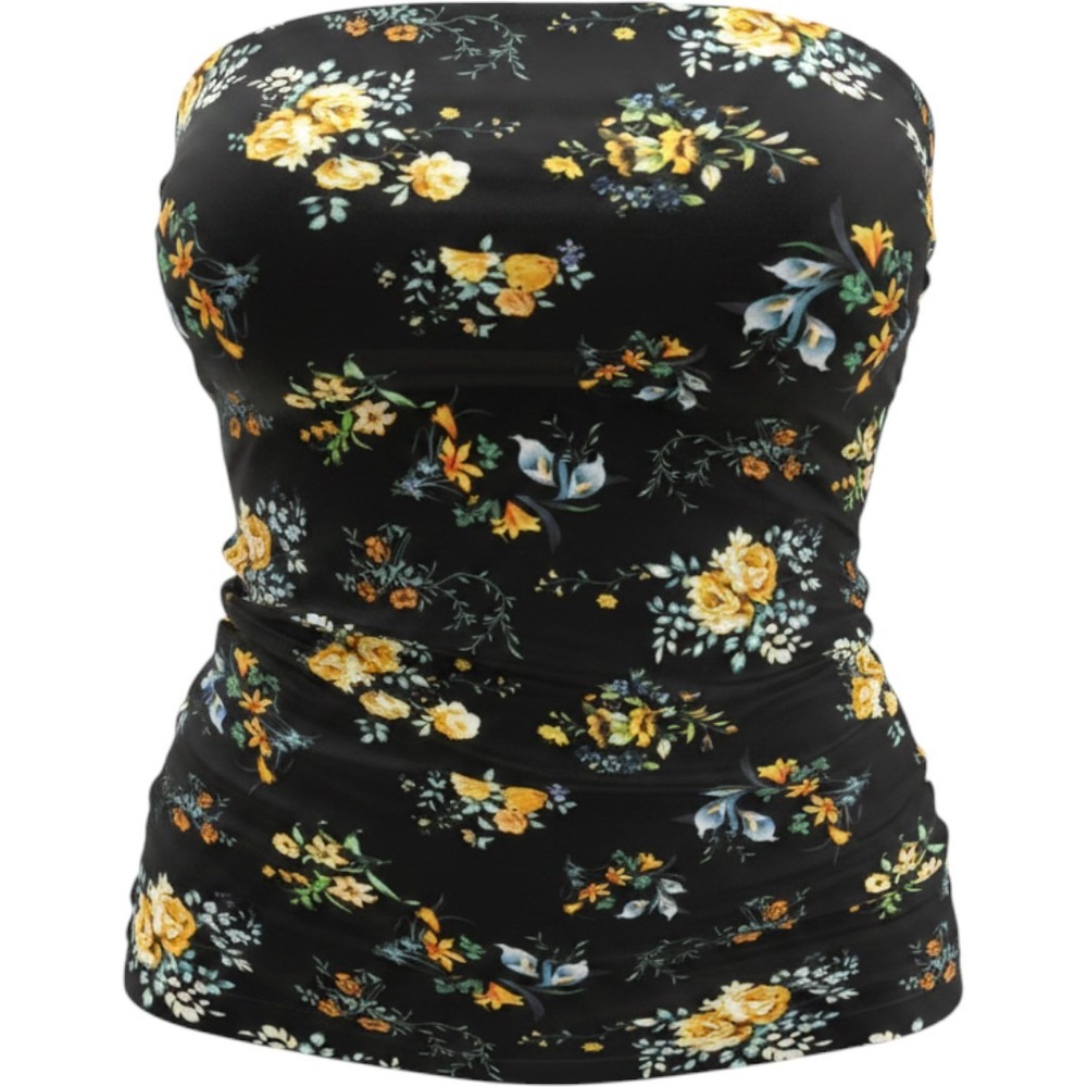 Ocean Blues Black Floral Ruched Tankini Swim Top XL Adjustable Straps